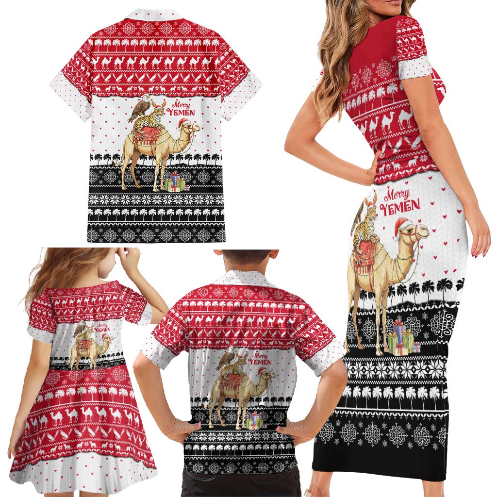 Yemen Christmas Family Matching Short Sleeve Bodycon Dress and Hawaiian Shirt with Camel Leopard Falcon Red Black White Snowflake - Wonder Print Shop