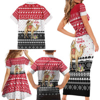 Yemen Christmas Family Matching Short Sleeve Bodycon Dress and Hawaiian Shirt with Camel Leopard Falcon Red Black White Snowflake - Wonder Print Shop