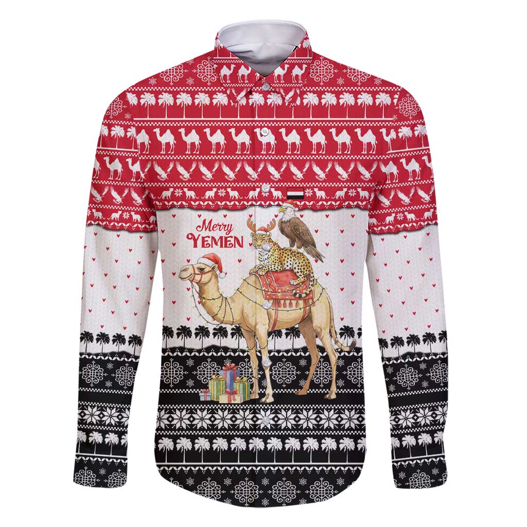 Yemen Christmas Family Matching Short Sleeve Bodycon Dress and Hawaiian Shirt with Camel Leopard Falcon Red Black White Snowflake - Wonder Print Shop