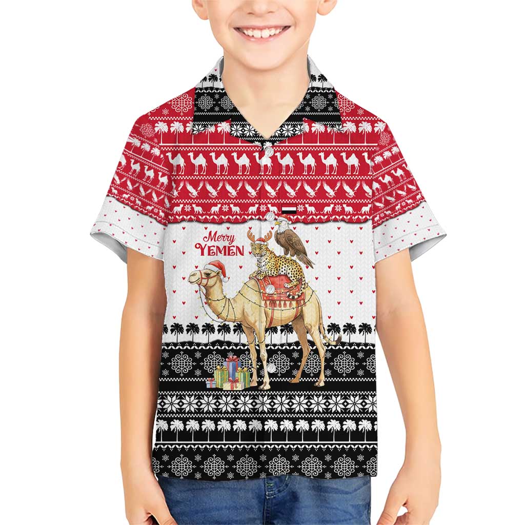 Yemen Christmas Family Matching Short Sleeve Bodycon Dress and Hawaiian Shirt with Camel Leopard Falcon Red Black White Snowflake - Wonder Print Shop