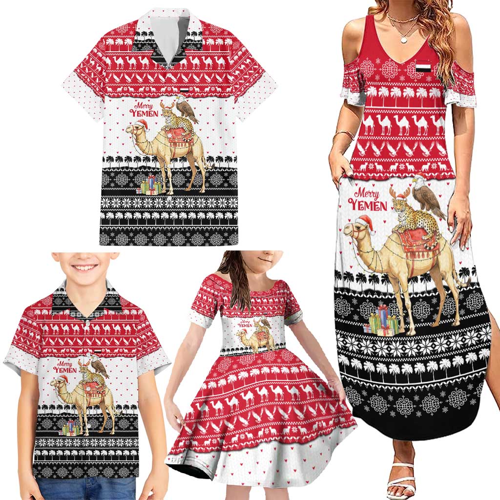 Yemen Christmas Family Matching Summer Maxi Dress and Hawaiian Shirt with Camel Leopard Falcon Red Black White Snowflake - Wonder Print Shop