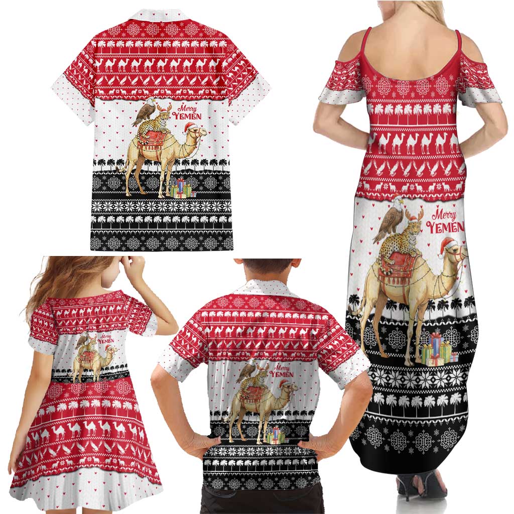 Yemen Christmas Family Matching Summer Maxi Dress and Hawaiian Shirt with Camel Leopard Falcon Red Black White Snowflake - Wonder Print Shop