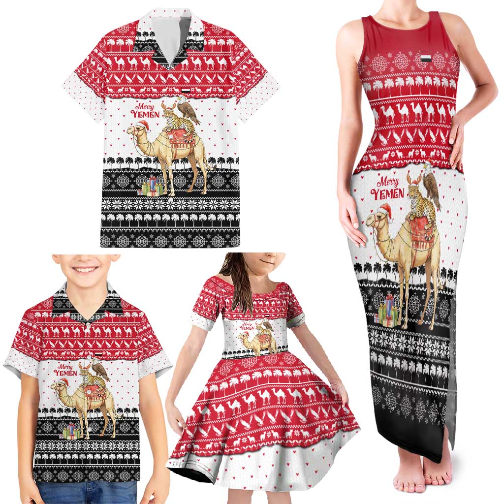 Yemen Christmas Family Matching Tank Maxi Dress and Hawaiian Shirt with Camel Leopard Falcon Red Black White Snowflake - Wonder Print Shop