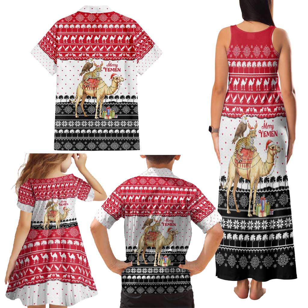 Yemen Christmas Family Matching Tank Maxi Dress and Hawaiian Shirt with Camel Leopard Falcon Red Black White Snowflake - Wonder Print Shop