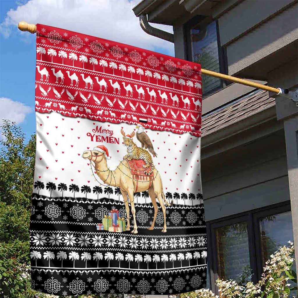 Yemen Christmas Garden Flag with Camel Leopard Falcon Red Black White Snowflake - Wonder Print Shop