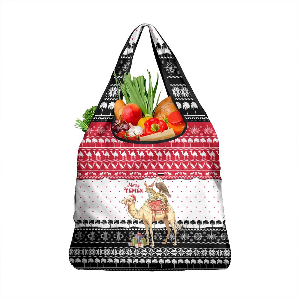 Yemen Christmas Grocery Bag with Camel Leopard Falcon Red Black White Snowflake - Wonder Print Shop