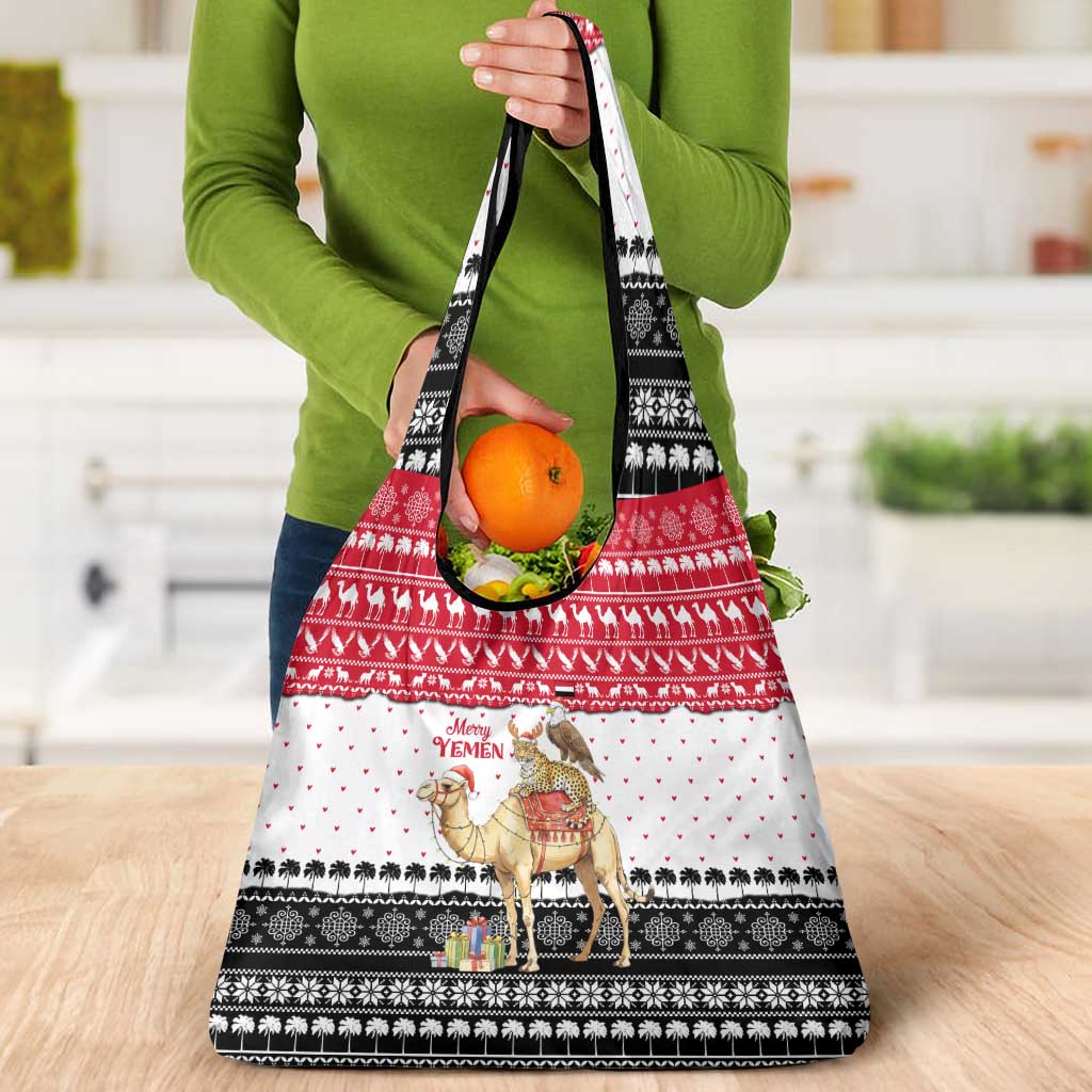 Yemen Christmas Grocery Bag with Camel Leopard Falcon Red Black White Snowflake - Wonder Print Shop
