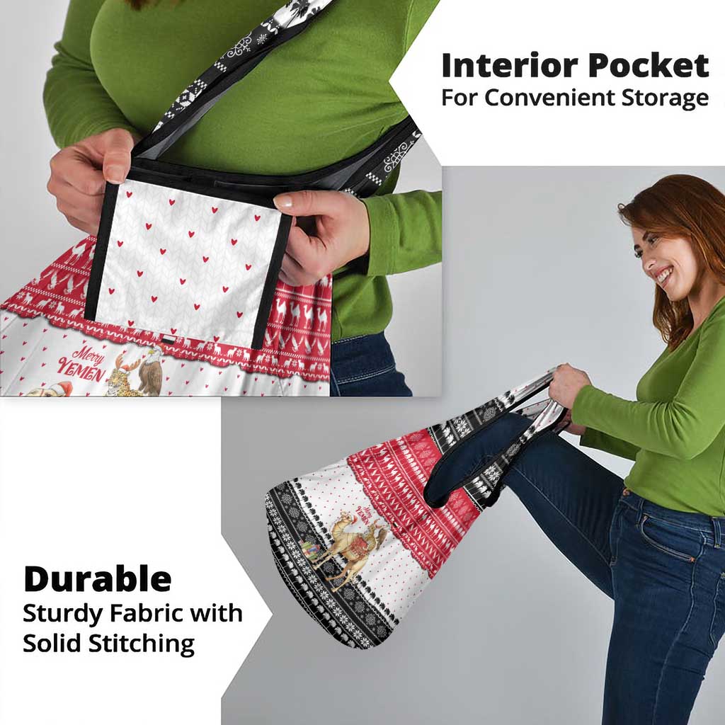 Yemen Christmas Grocery Bag with Camel Leopard Falcon Red Black White Snowflake - Wonder Print Shop