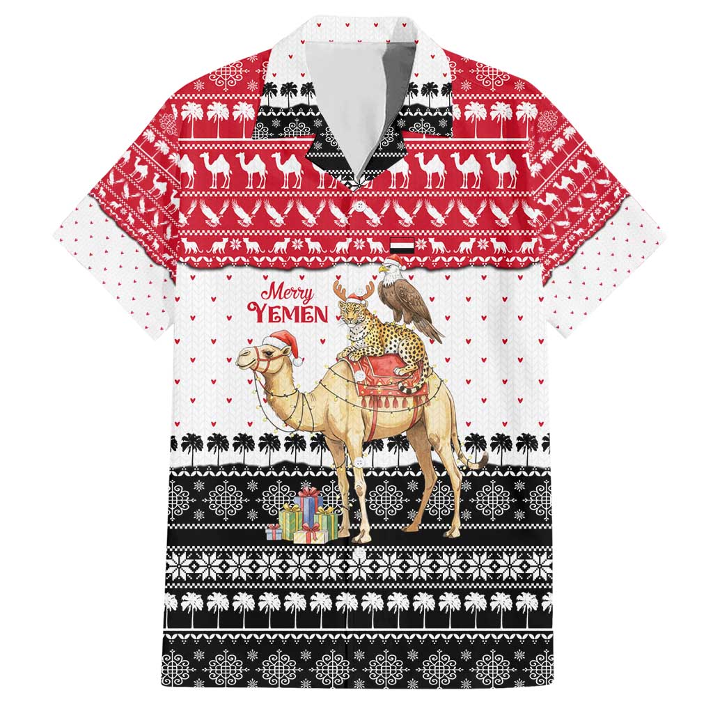 Yemen Christmas Hawaiian Shirt with Camel Leopard Falcon Red Black White Snowflake - Wonder Print Shop