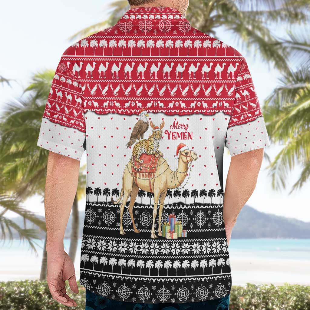 Yemen Christmas Hawaiian Shirt with Camel Leopard Falcon Red Black White Snowflake - Wonder Print Shop
