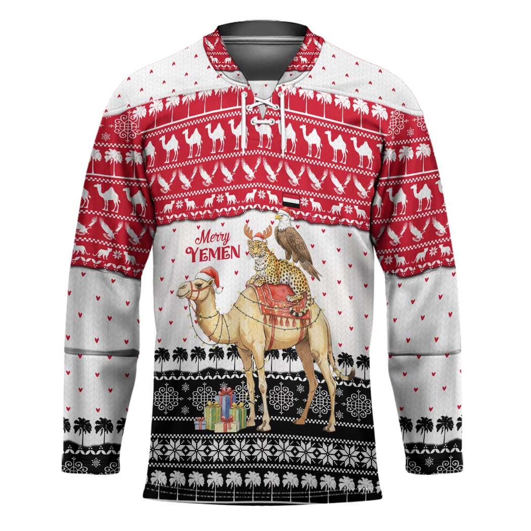 Yemen Christmas Hockey Jersey with Camel Leopard Falcon Red Black White Snowflake - Wonder Print Shop