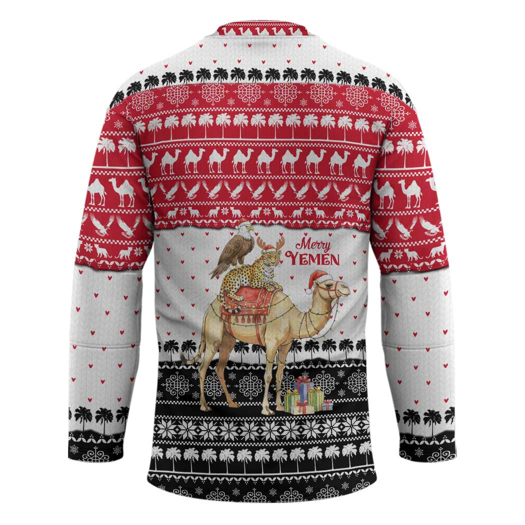 Yemen Christmas Hockey Jersey with Camel Leopard Falcon Red Black White Snowflake - Wonder Print Shop