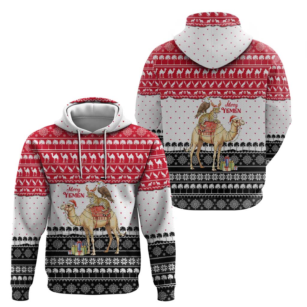 Yemen Christmas Hoodie with Camel Leopard Falcon Red Black White Snowflake - Wonder Print Shop