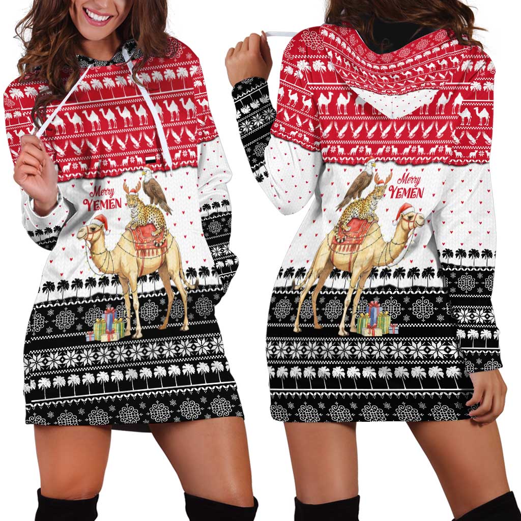 Yemen Christmas Hoodie Dress with Camel Leopard Falcon Red Black White Snowflake - Wonder Print Shop