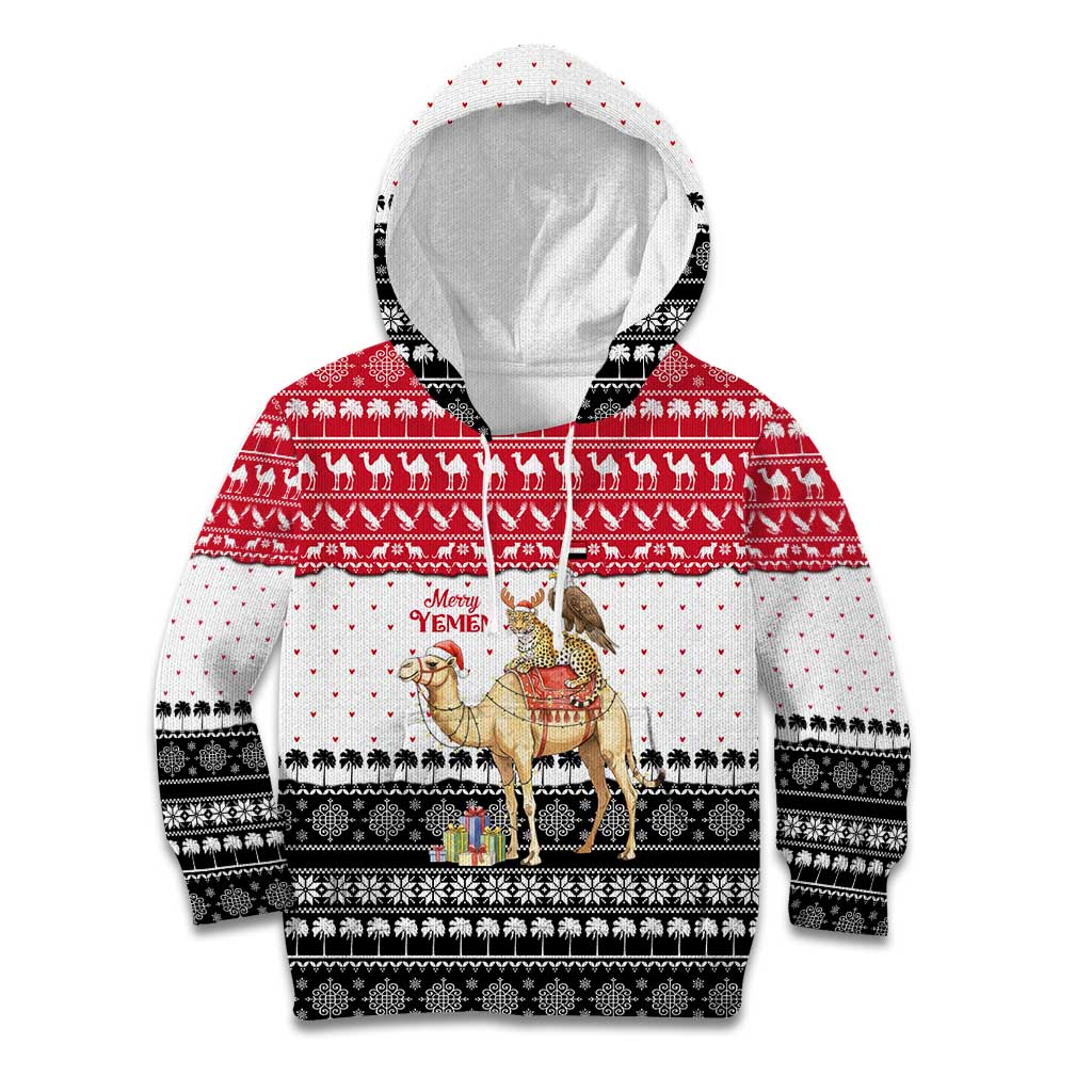 Yemen Christmas Kid Hoodie with Camel Leopard Falcon Red Black White Snowflake - Wonder Print Shop