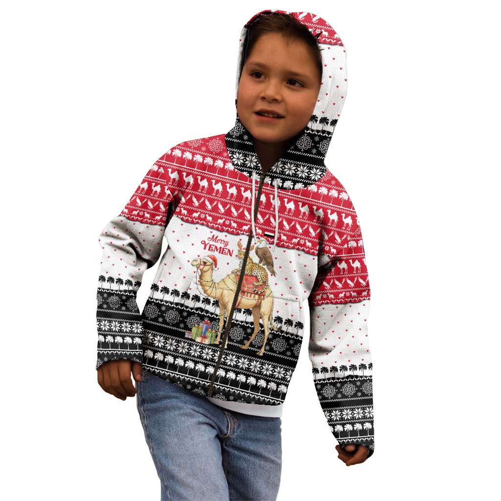 Yemen Christmas Kid Hoodie with Camel Leopard Falcon Red Black White Snowflake - Wonder Print Shop