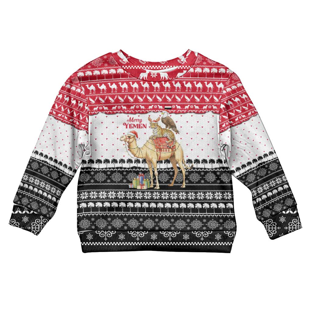 Yemen Christmas Kid Ugly Christmas Sweater with Camel Leopard Falcon Red Black White Snowflake - Wonder Print Shop
