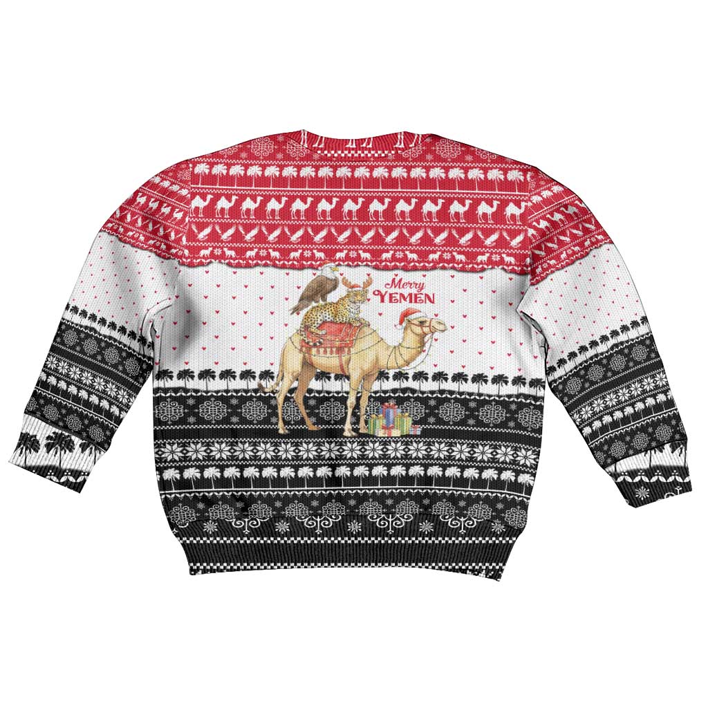 Yemen Christmas Kid Ugly Christmas Sweater with Camel Leopard Falcon Red Black White Snowflake - Wonder Print Shop
