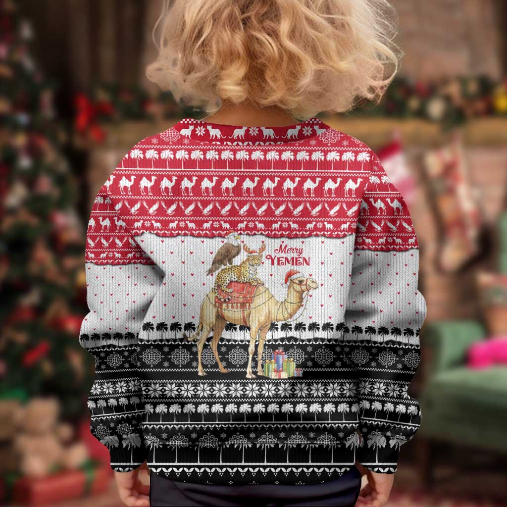 Yemen Christmas Kid Ugly Christmas Sweater with Camel Leopard Falcon Red Black White Snowflake - Wonder Print Shop