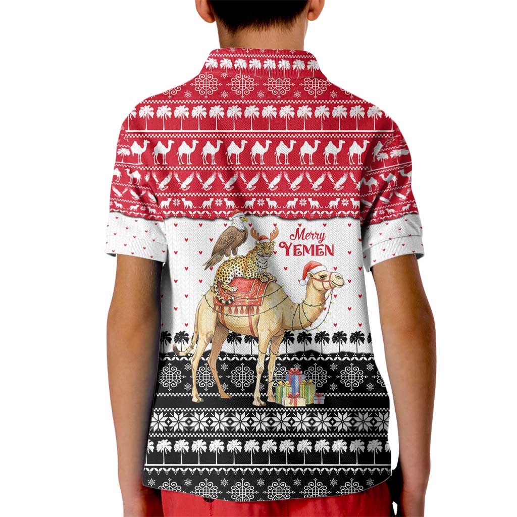 Yemen Christmas Kid Polo Shirt with Camel Leopard Falcon Red Black White Snowflake - Wonder Print Shop