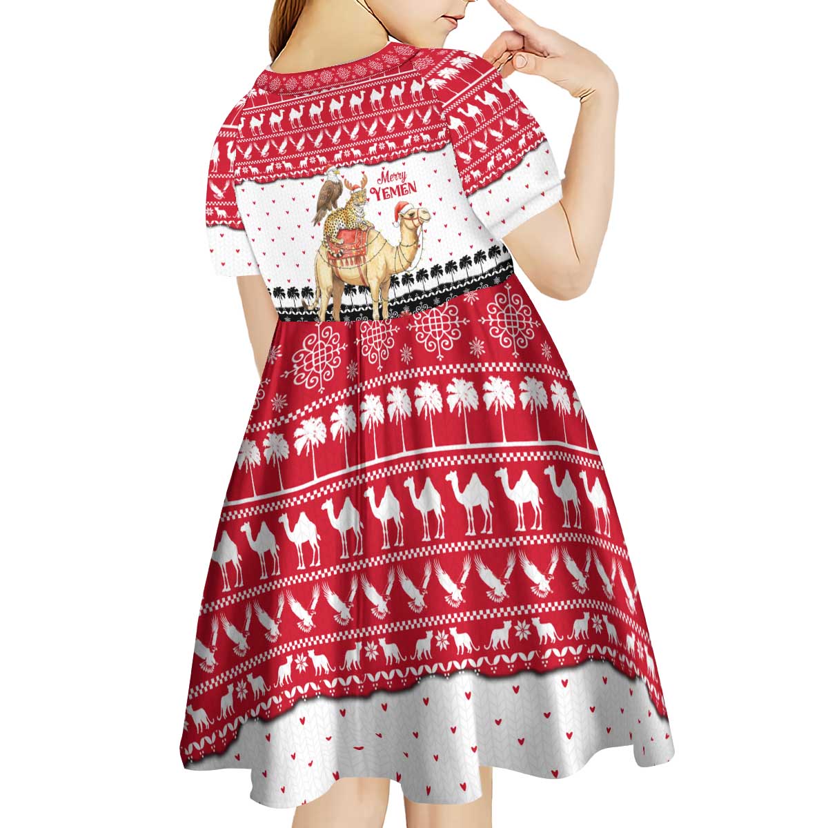 Yemen Christmas Kid Short Sleeve Dress with Camel Leopard Falcon Red Black White Snowflake - Wonder Print Shop