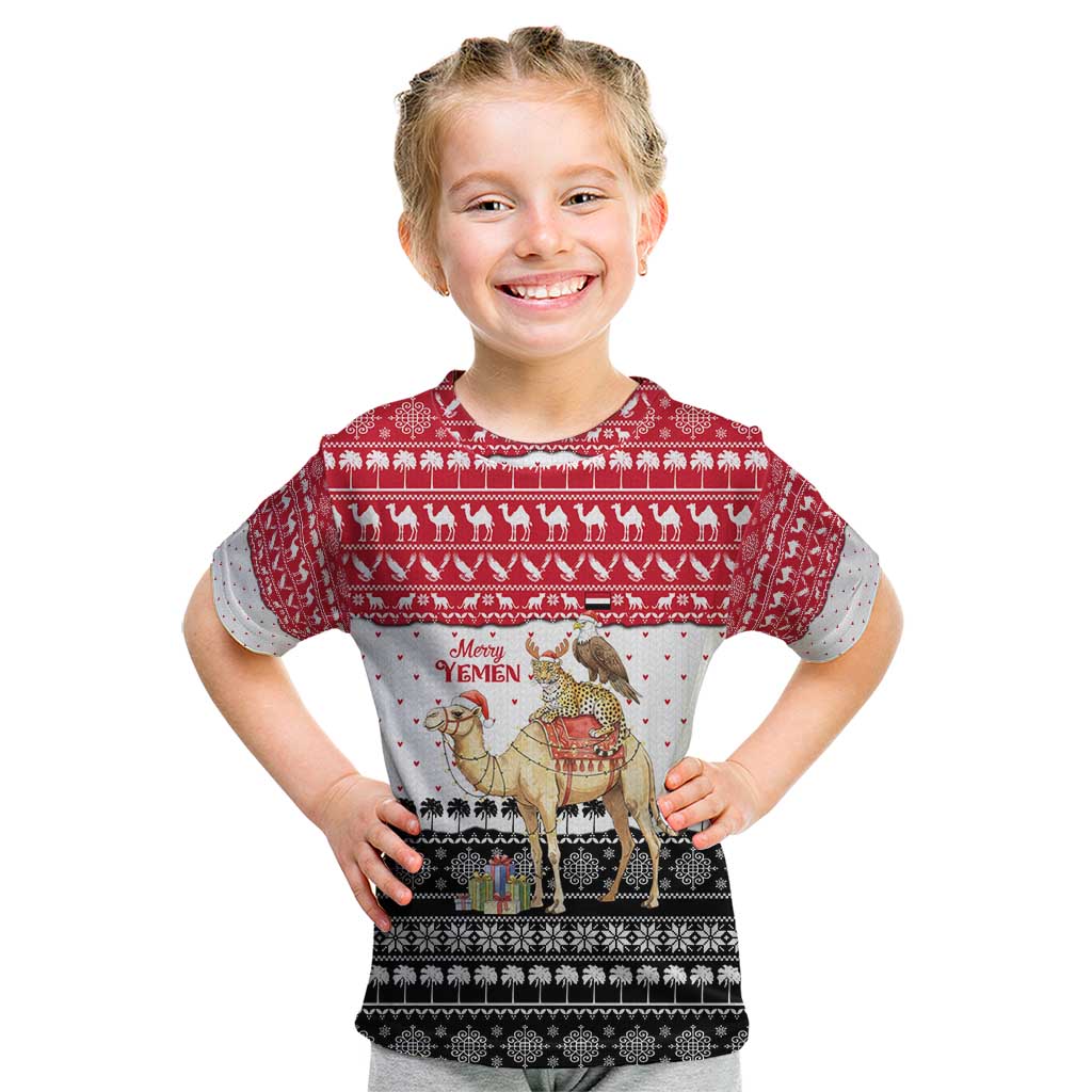 Yemen Christmas Kid T Shirt with Camel Leopard Falcon Red Black White Snowflake - Wonder Print Shop
