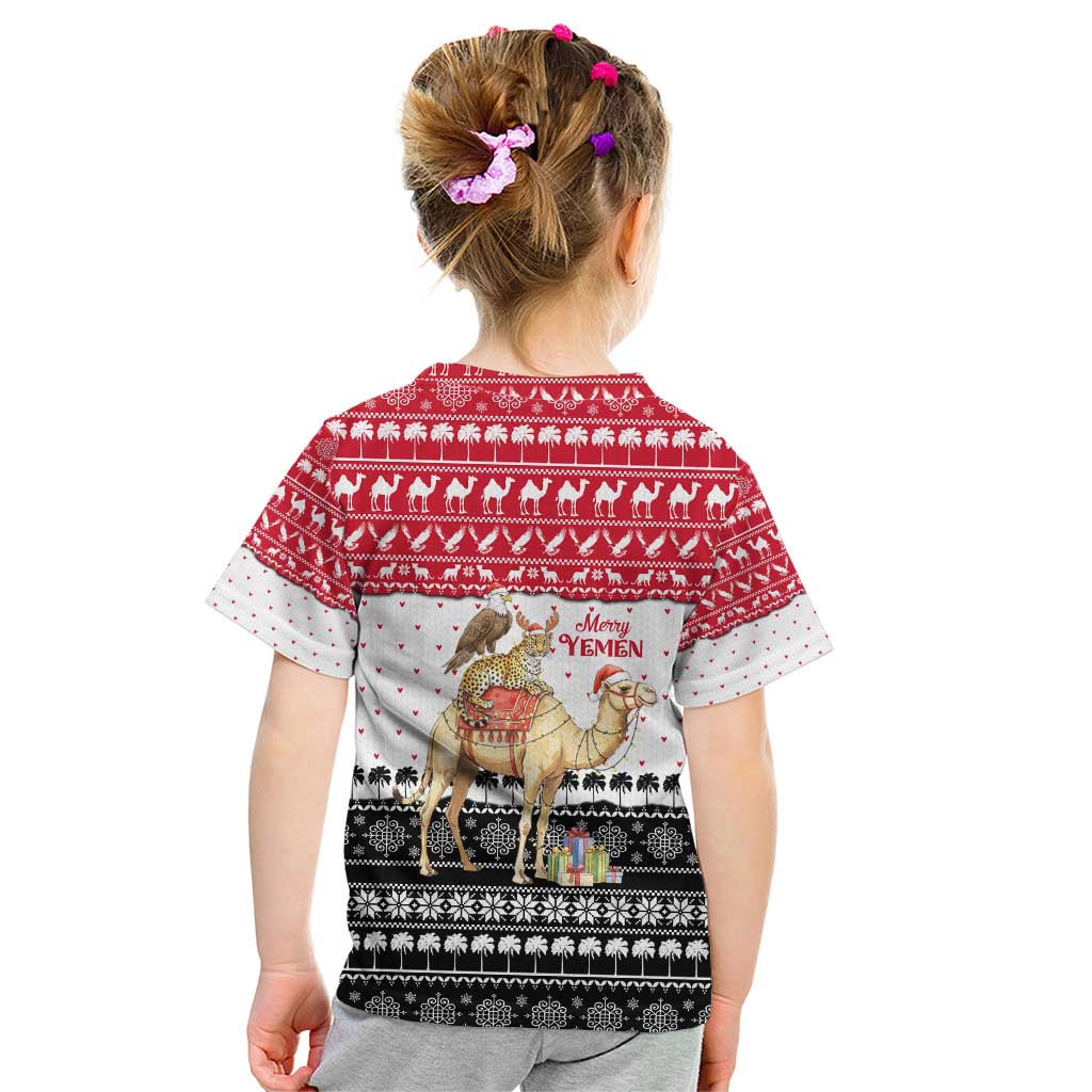 Yemen Christmas Kid T Shirt with Camel Leopard Falcon Red Black White Snowflake - Wonder Print Shop