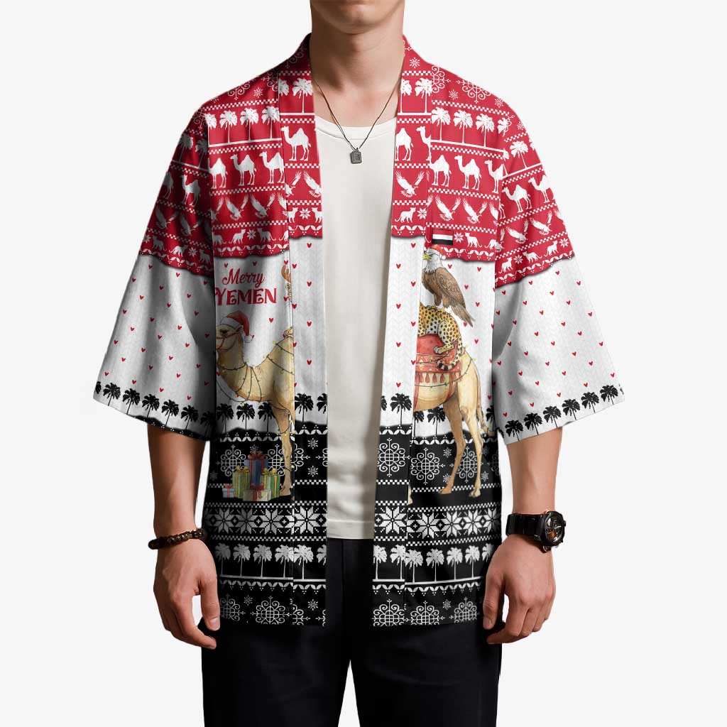Yemen Christmas Kimono with Camel Leopard Falcon Red Black White Snowflake - Wonder Print Shop