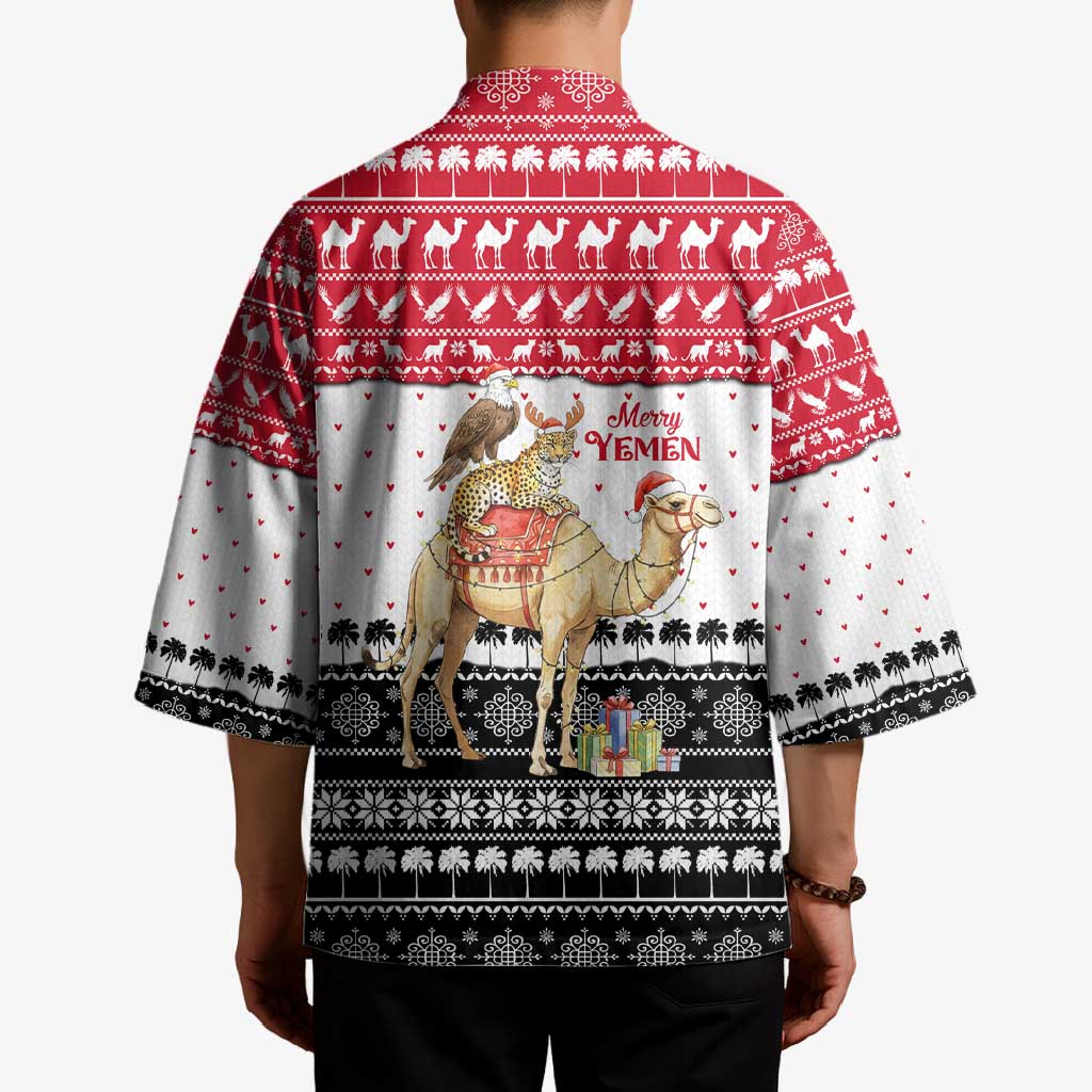 Yemen Christmas Kimono with Camel Leopard Falcon Red Black White Snowflake - Wonder Print Shop