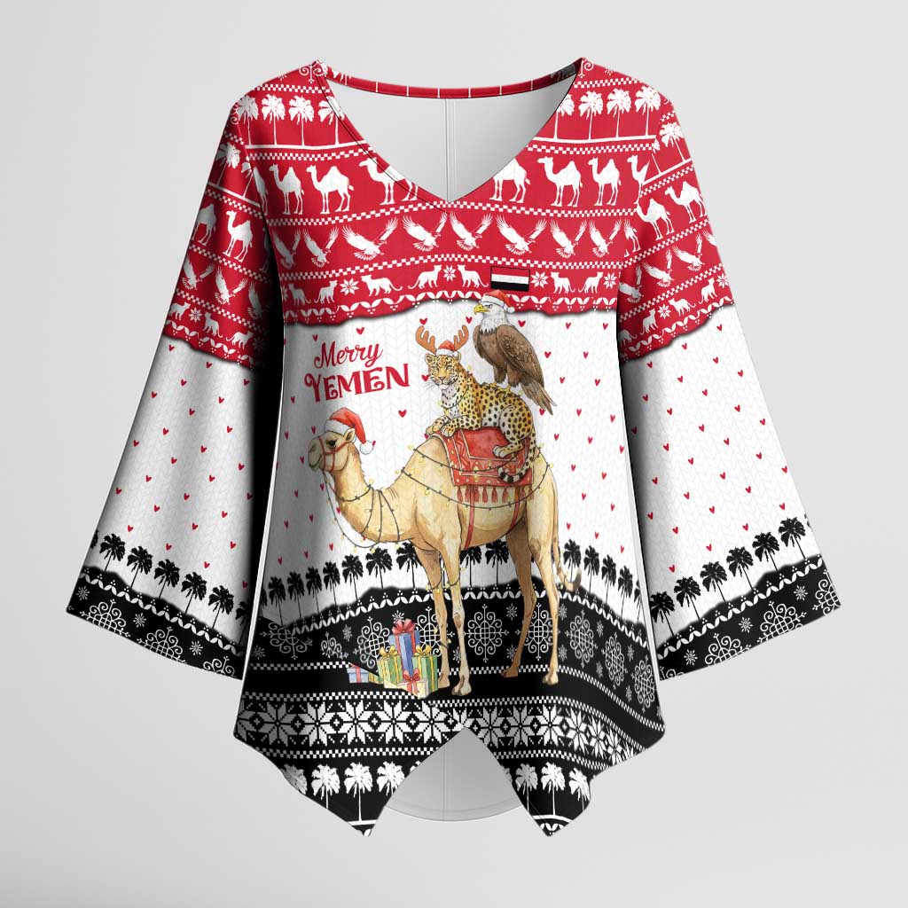 Yemen Christmas Kimono Sleeve Blouse with Camel Leopard Falcon Red Black White Snowflake - Wonder Print Shop