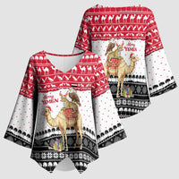 Yemen Christmas Kimono Sleeve Blouse with Camel Leopard Falcon Red Black White Snowflake - Wonder Print Shop