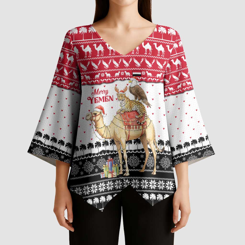 Yemen Christmas Kimono Sleeve Blouse with Camel Leopard Falcon Red Black White Snowflake - Wonder Print Shop