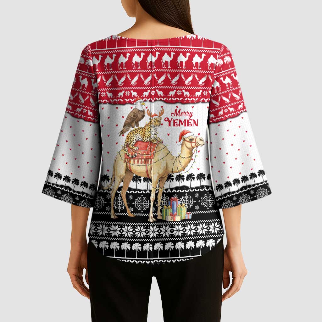 Yemen Christmas Kimono Sleeve Blouse with Camel Leopard Falcon Red Black White Snowflake - Wonder Print Shop