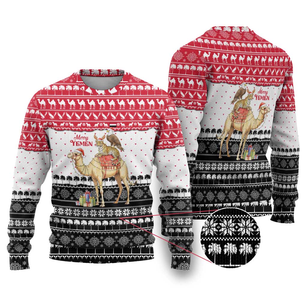 Yemen Christmas Ugly Christmas Sweater with Camel Leopard Falcon Red Black White Snowflake - Wonder Print Shop
