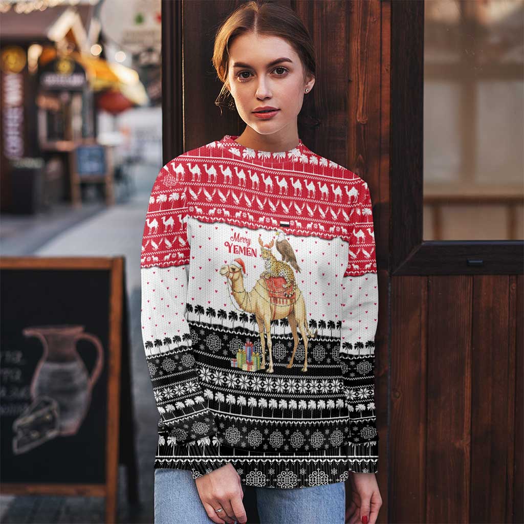 Yemen Christmas Ugly Christmas Sweater with Camel Leopard Falcon Red Black White Snowflake - Wonder Print Shop