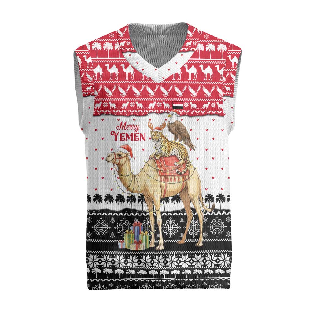 Yemen Christmas Knitted V-Neck Vest with Camel Leopard Falcon Red Black White Snowflake - Wonder Print Shop