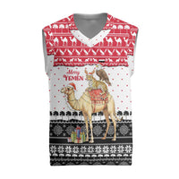 Yemen Christmas Knitted V-Neck Vest with Camel Leopard Falcon Red Black White Snowflake - Wonder Print Shop