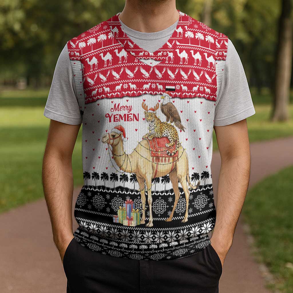 Yemen Christmas Knitted V-Neck Vest with Camel Leopard Falcon Red Black White Snowflake - Wonder Print Shop