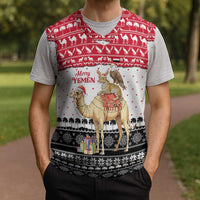 Yemen Christmas Knitted V-Neck Vest with Camel Leopard Falcon Red Black White Snowflake - Wonder Print Shop