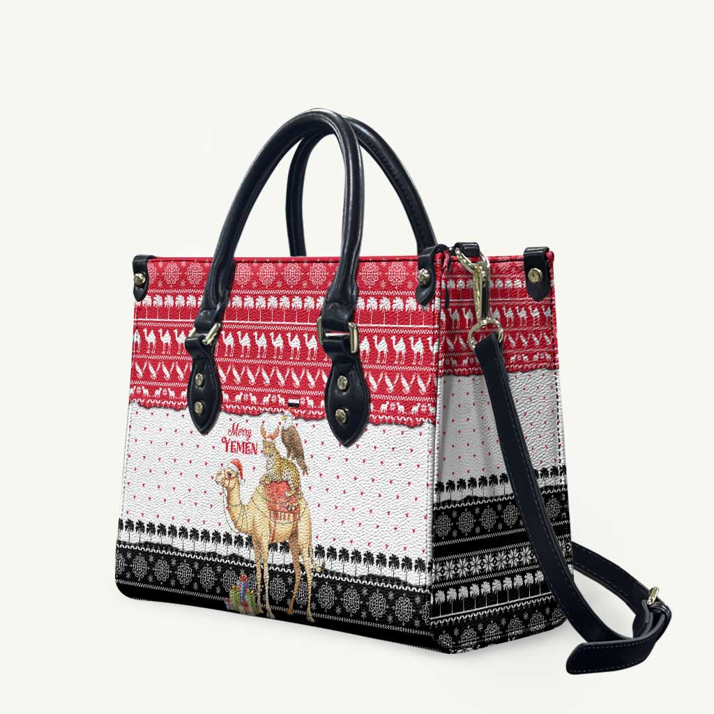 Yemen Christmas Leather Bag with Camel Leopard Falcon Red Black White Snowflake - Wonder Print Shop