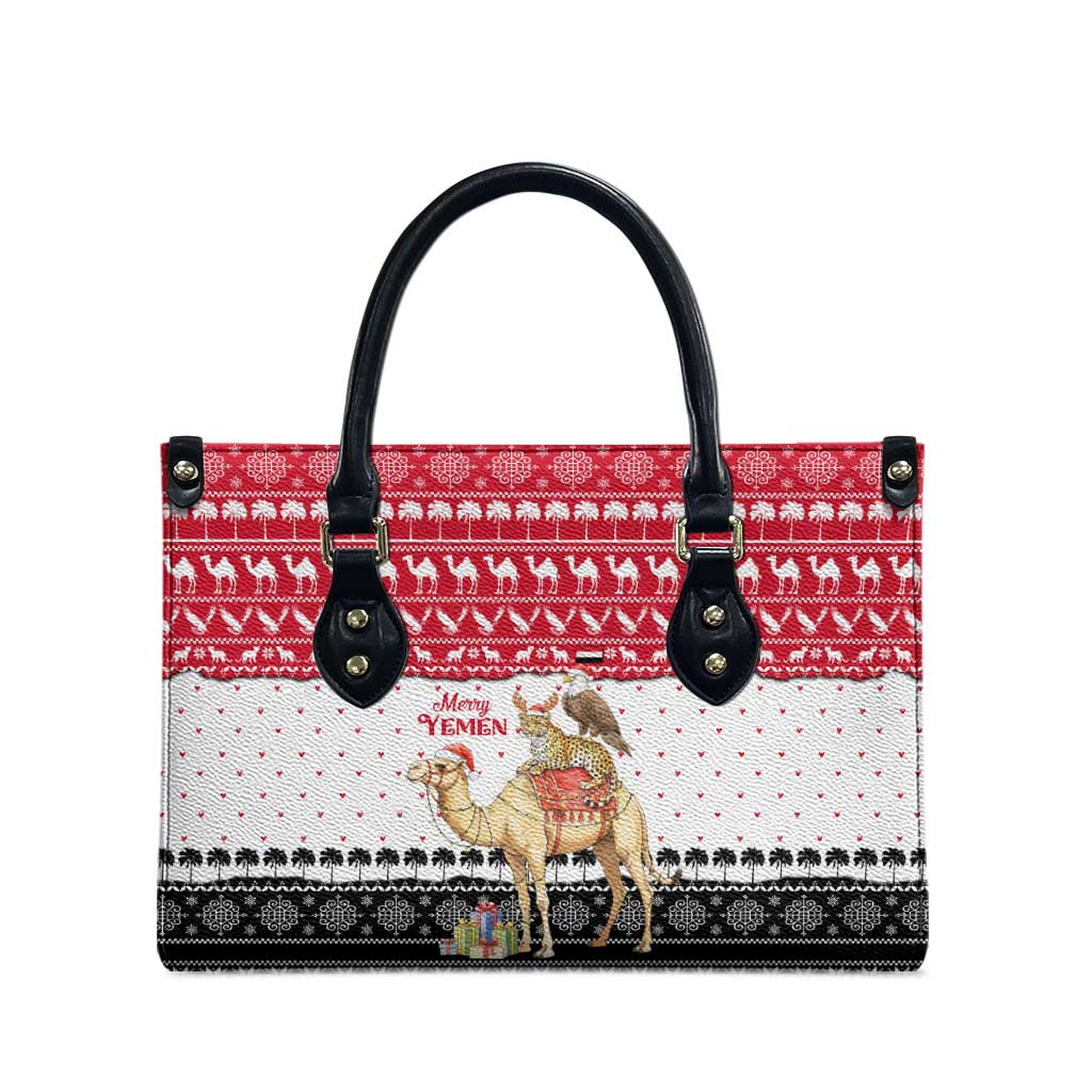 Yemen Christmas Leather Bag with Camel Leopard Falcon Red Black White Snowflake - Wonder Print Shop