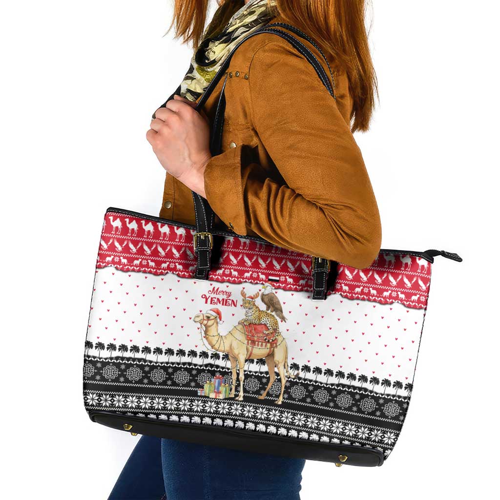 Yemen Christmas Leather Tote Bag with Camel Leopard Falcon Red Black White Snowflake - Wonder Print Shop