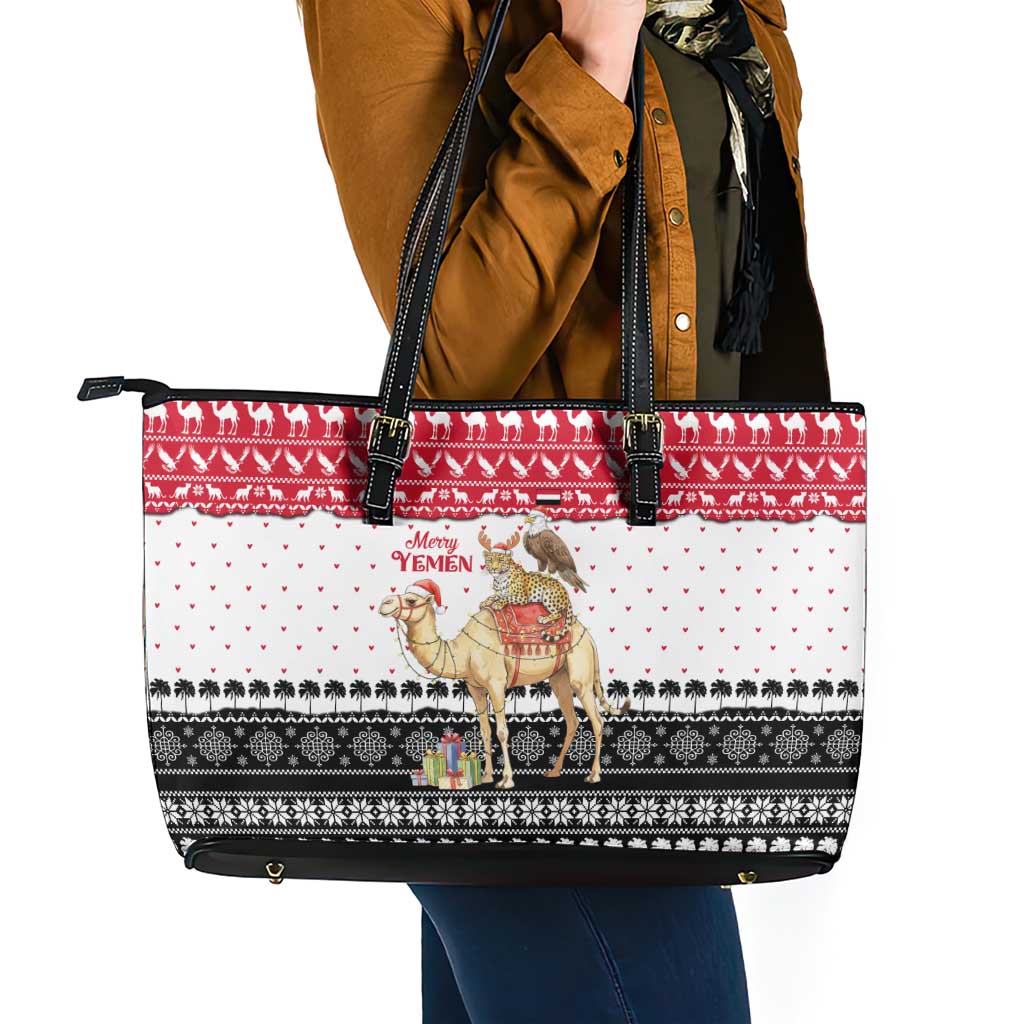 Yemen Christmas Leather Tote Bag with Camel Leopard Falcon Red Black White Snowflake - Wonder Print Shop