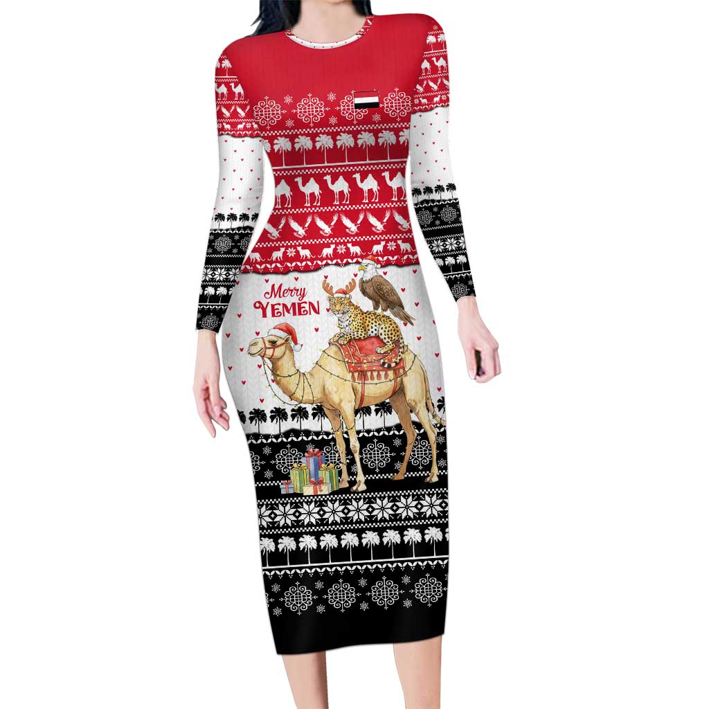 Yemen Christmas Long Sleeve Bodycon Dress with Camel Leopard Falcon Red Black White Snowflake - Wonder Print Shop