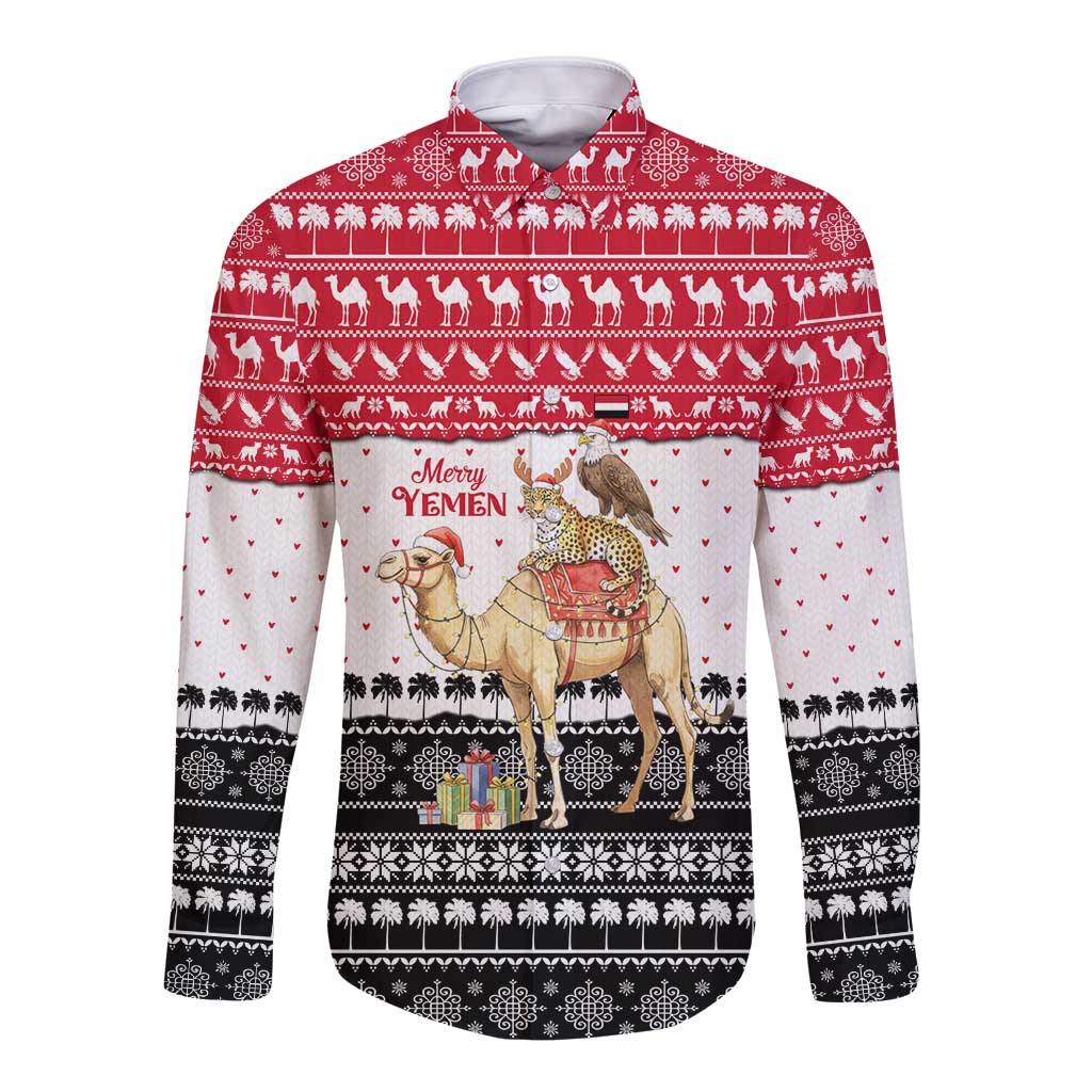 Yemen Christmas Long Sleeve Button Shirt with Camel Leopard Falcon Red Black White Snowflake - Wonder Print Shop