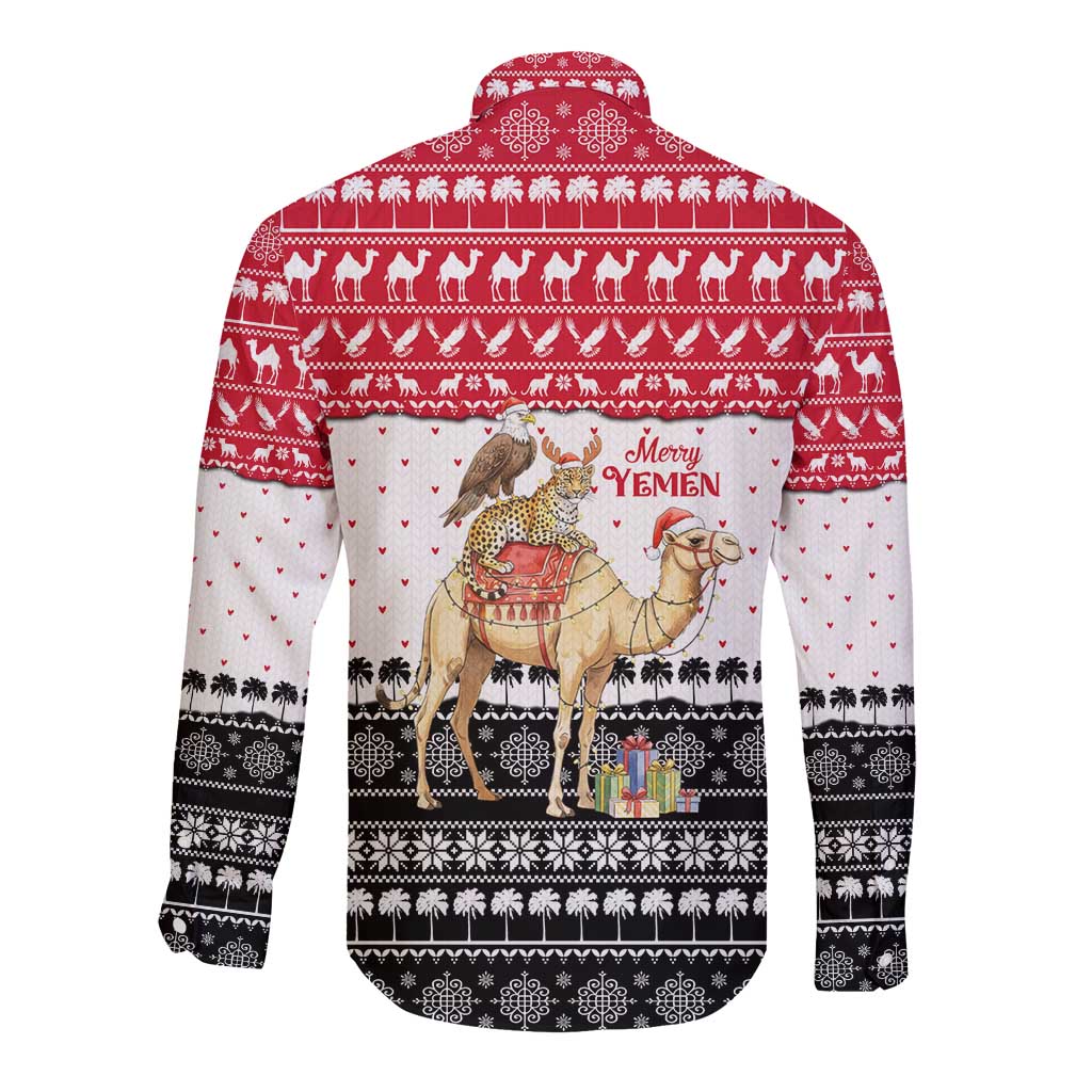 Yemen Christmas Long Sleeve Button Shirt with Camel Leopard Falcon Red Black White Snowflake - Wonder Print Shop