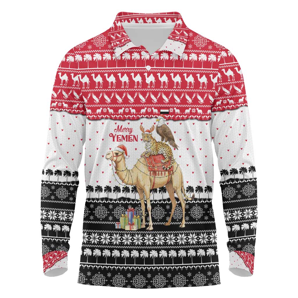 Yemen Christmas Long Sleeve Polo Shirt with Camel Leopard Falcon Red Black White Snowflake - Wonder Print Shop