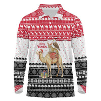 Yemen Christmas Long Sleeve Polo Shirt with Camel Leopard Falcon Red Black White Snowflake - Wonder Print Shop