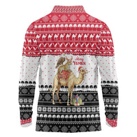 Yemen Christmas Long Sleeve Polo Shirt with Camel Leopard Falcon Red Black White Snowflake - Wonder Print Shop