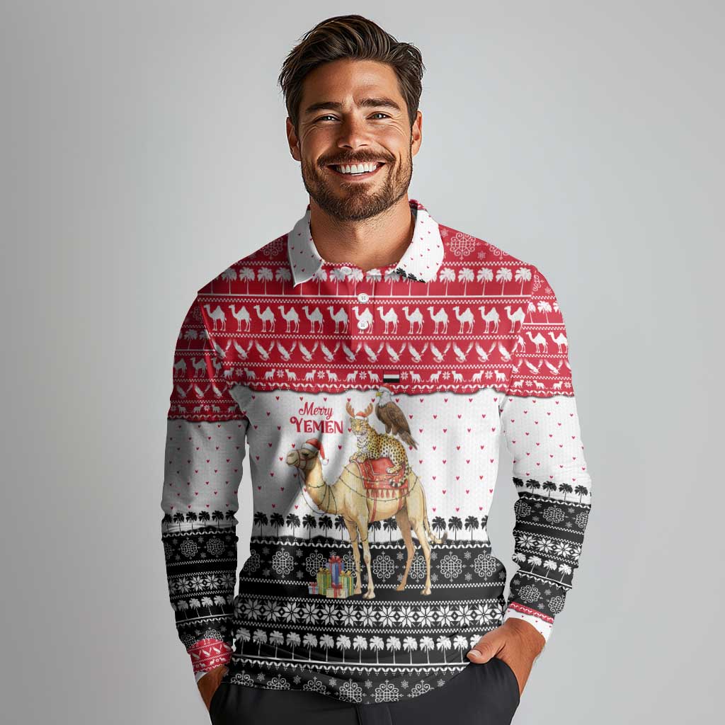 Yemen Christmas Long Sleeve Polo Shirt with Camel Leopard Falcon Red Black White Snowflake - Wonder Print Shop